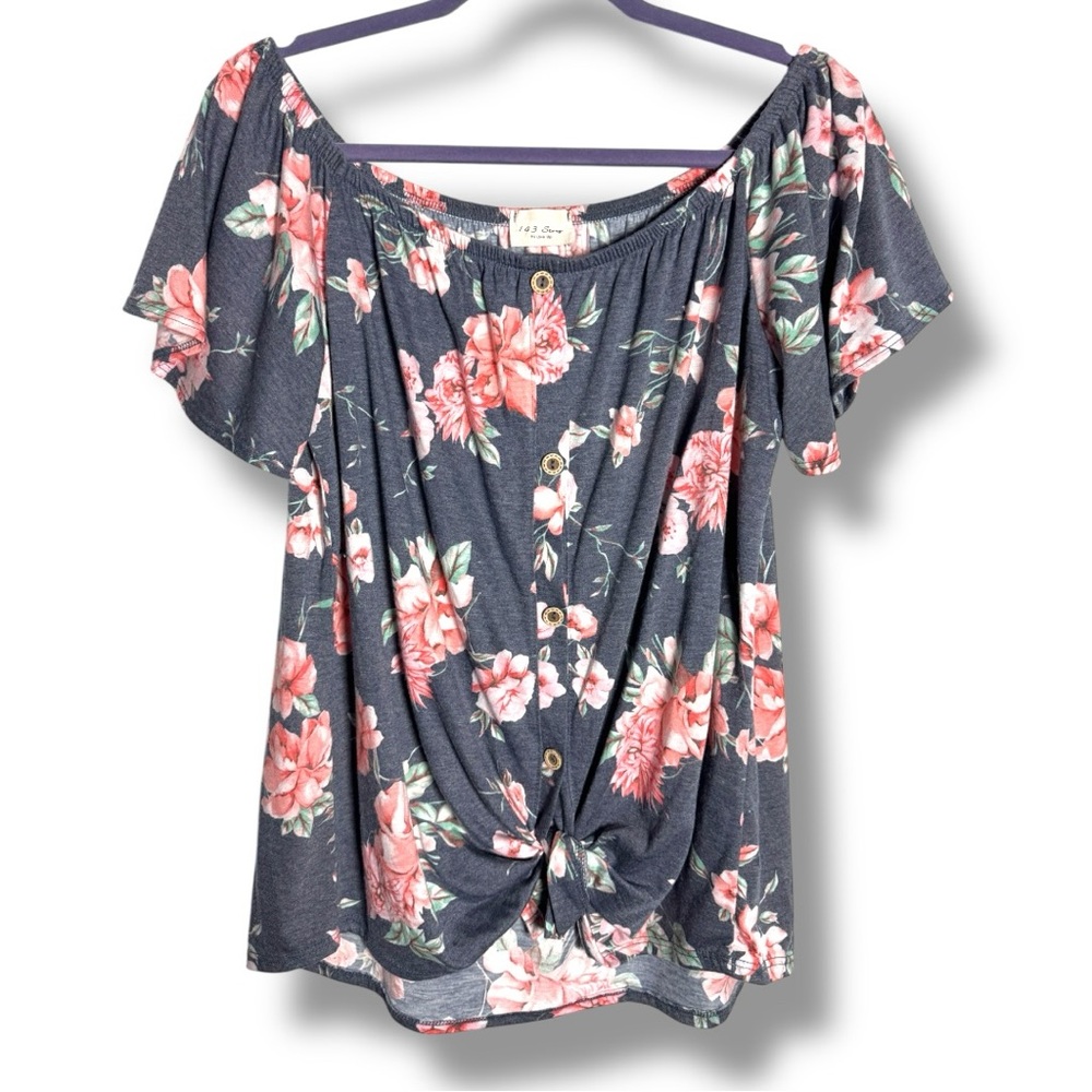 143 Story by Line Up Size L Gray Pink Off Shoulder Button Front Tie Flowy Blouse